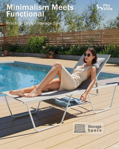 PHI VILLA 78" Oversized Outdoor Chaise Lounge Chair Set of 2, 27" Extra Wide Foldable, 5-Position Adjustable, UV50+ Textilene Mesh, Rust-Proof Frame, Khaki Beige