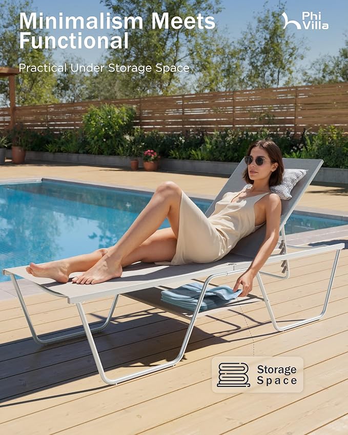 PHI VILLA 78" Oversized Outdoor Chaise Lounge Chair, 27" Extra Wide Foldable, 5-Position Adjustable, UV50+ Textilene Mesh, Rust-Proof Frame, Khaki Beige