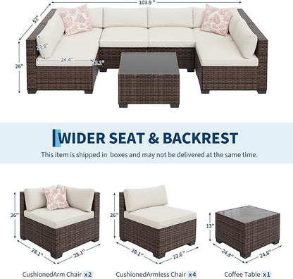 7-Piece Outdoor Patio Furniture Set, Modular Sectional Sofa with Water-Resistant Washable Thick Cushions & Coffee Table, Rattan & Wicker Conversation Set, Brown Frame (Brown Wicker & Beige Cushions)