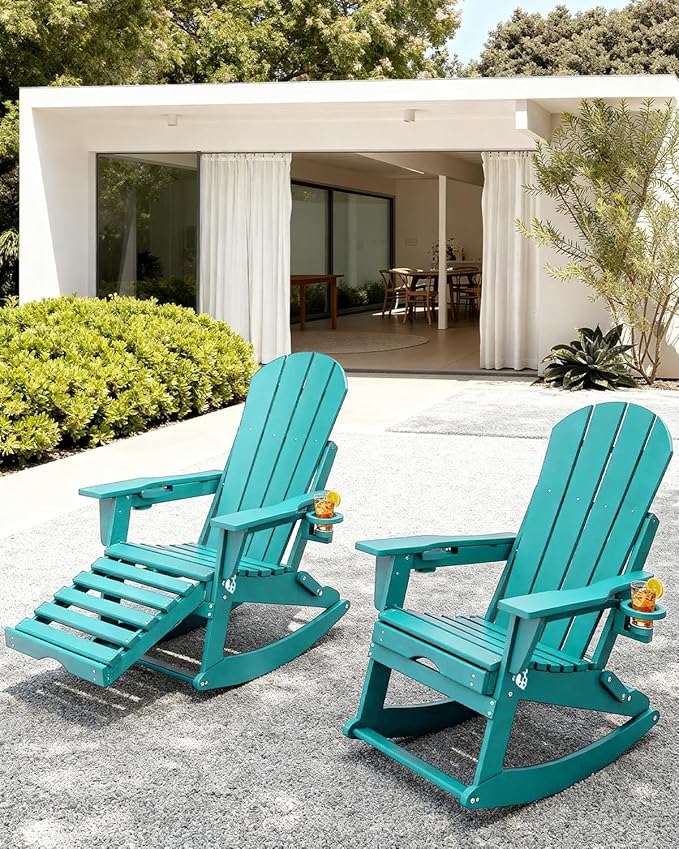 Adirondack Rocking Chairs Set of 2 with Retractable Ottoman, All Weather Folding Adirondack Chair with Two Cup Holders, Adirondack Outdoor Rocking Chairs for Porch, Patio, Balcony. Lake Blue
