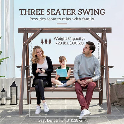 Outsunny 3 Seat Porch Swing with Stand, Wooden Patio Swing Chair with Side Tables and Metal Chains, Outdoor Swing Bench for Garden, Poolside, Backyard, Carbonized Brown