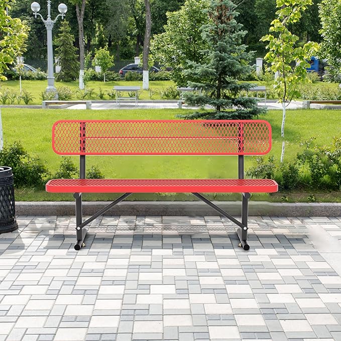 6 Ft Metal Park Bench for Outside, All-Weather Thermoplastic Coating Outdoor Bench with Backrest, Commercial Heavy Duty Benches for Shopping Malls, Stores, Parks, Patios, Decks, Red