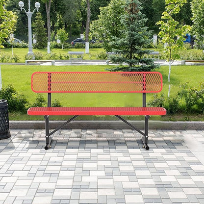 6 Ft Metal Park Bench for Outside, All-Weather Thermoplastic Coating Outdoor Bench with Backrest, Commercial Heavy Duty Benches for Shopping Malls, Stores, Parks, Patios, Decks, Red