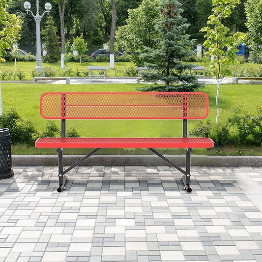 6 Ft Metal Park Bench for Outside, All-Weather Thermoplastic Coating Outdoor Bench with Backrest, Commercial Heavy Duty Benches for Shopping Malls, Stores, Parks, Patios, Decks, Red