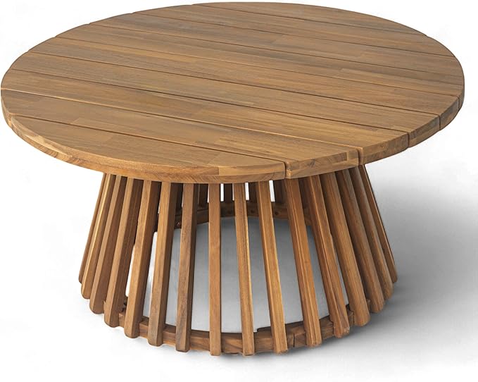 Merax Outdoor Acacia Wood Conversation Set, 3-Seat Loveseat Sofa w/Coushion and Round Coffee Table for Backyard, Patio Furniture,Teak+Green