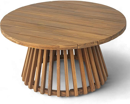 Merax Outdoor Acacia Wood Conversation Set, 3-Seat Loveseat Sofa w/Coushion and Round Coffee Table for Backyard, Patio Furniture,Teak+Green