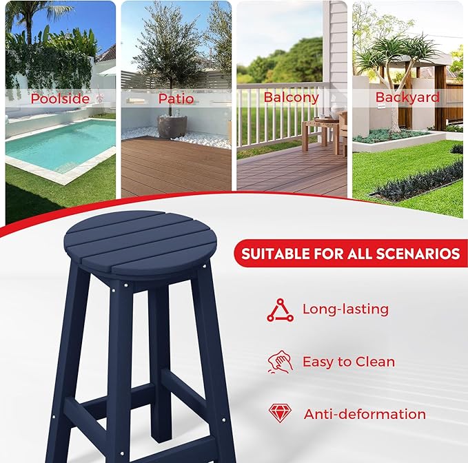 Costaelm 24" Height Outdoor Bar Stools, All-Weather Bar Stools, Adirondack Poly Patio Round Bar Stool for Patio, Deck, Kitchen Counter and Garden, Navy Blue