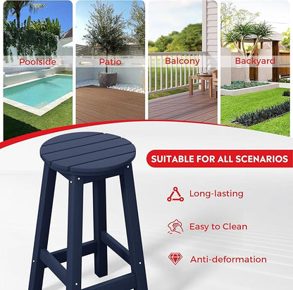 Costaelm 24" Height Outdoor Bar Stools, All-Weather Bar Stools, Adirondack Poly Patio Round Bar Stool for Patio, Deck, Kitchen Counter and Garden, Navy Blue