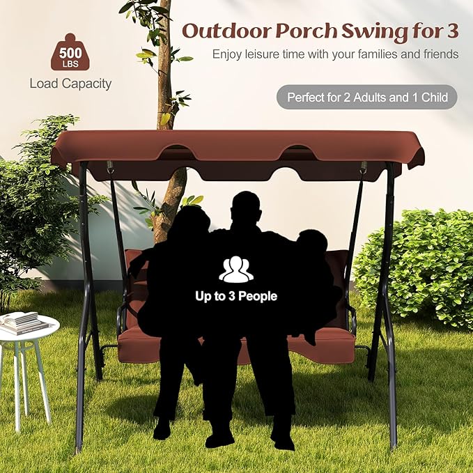 Tangkula 3 Person Porch Swing, Patio Swing with Removable Cushion & Powder-Coated Steel Frame - Photo 3