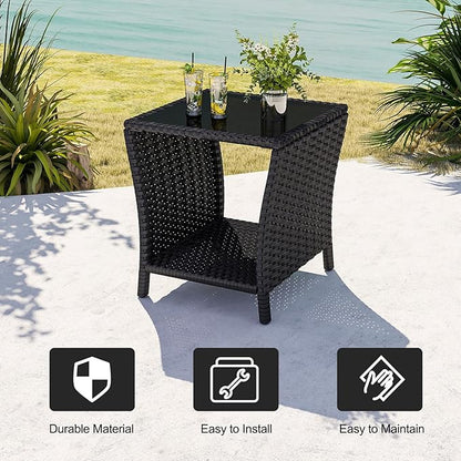 kinbor Small Outdoor Table - Set of 2 Tempered Glass Top Small Outdoor Wicker Side Table with Storage Shelf for Patio, Balcony & Porch, Durable PE Rattan & Iron Frame