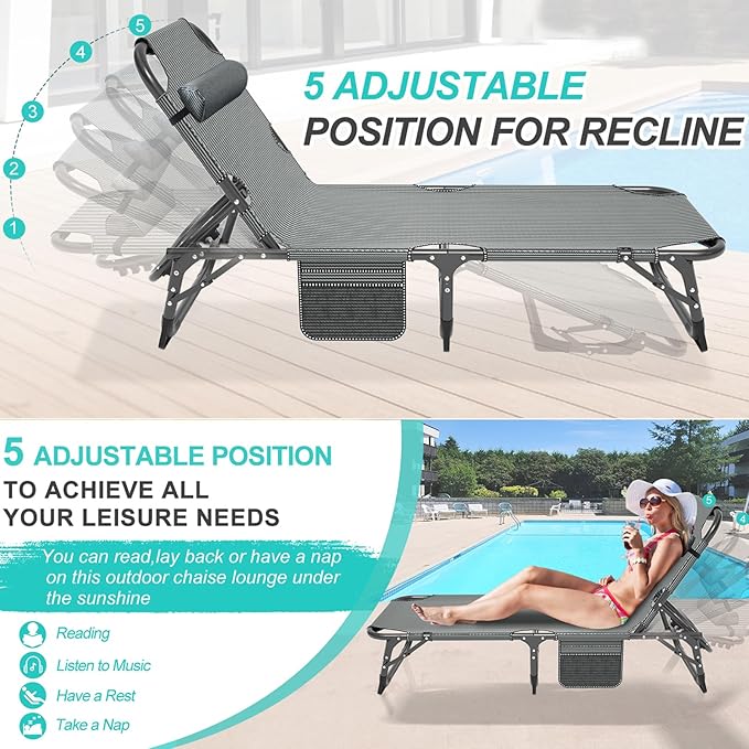ABORON 3-in-1 Folding Patio Lounge Chair, 440LB Heavy-Duty Tri-Fold Guest Bed with Plush Cotton Cushion, No Assembly Adjustable Recliner for Office Nap, Patio Sunbathing, Poolside & Camping