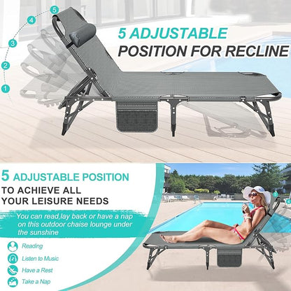 ABORON 3-in-1 Folding Patio Lounge Chair, 440LB Heavy-Duty Tri-Fold Guest Bed with Plush Cotton Cushion, No Assembly Adjustable Recliner for Office Nap, Patio Sunbathing, Poolside & Camping