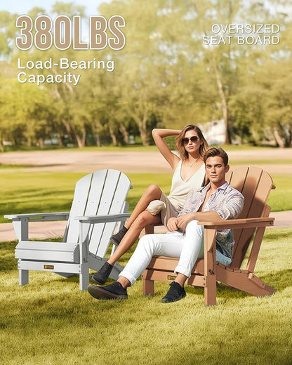 Folding Adirondack Chair, Patio Chair Wood Texture, Outdoor Chair Weather Resistant, Fire Pit Chair with Cup Holder, Composite Adirondack Chair Set of 4(Teak)
