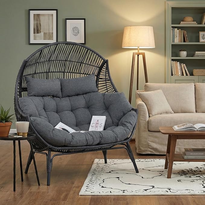 IRONCK Egg Chair Indoor Outdoor, 2 Person Double Egg Loveseat Chair, Oversized Thickened Padded Headrests and Cushions - Photo 5