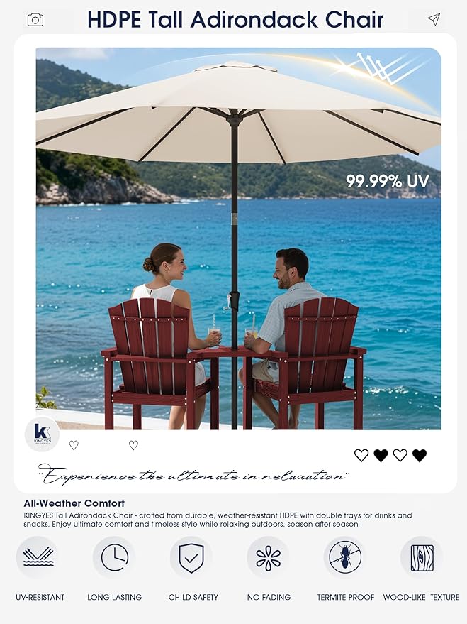 KINGYES Tall Adirondack Chair Set of 2, HDPE Tall Adirondack Barstools with Double Connecting Trays, Embossed Bar Height Adirondack Chair for 2, All Weather Balcony Adirondack Chairs for Balcony, Red