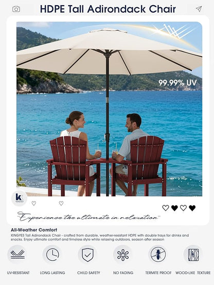 KINGYES Tall Adirondack Chair Set of 2 with 9FT Umbrella, HDPE Tall Adirondack Barstools with Double Connecting Trays, Embossed Bar Height Adirondack Chair for Balcony, Red