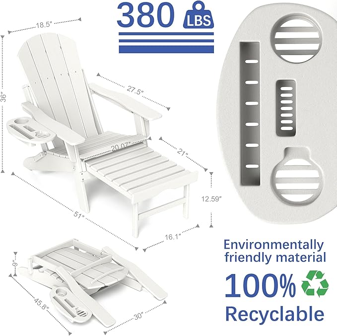 FOOWIN Adirondack Chair with Retractable Ottoman,HDPE Folding Adjustable Adirondack Chair w/4 in 1 Cup Holder Trays,All-Weather Resistant Fire Pit Chair for Outdoor Patio Lawn Set of 6