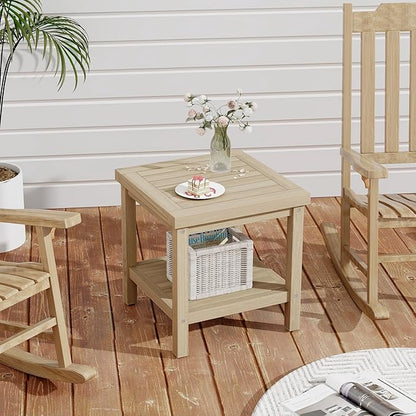 Tangkula 2-Tier Outdoor Side Table, Teak Wood End Table with Storage Shelf, Square Patio Snack Table, Coffee End Table for Porch Deck Garden, Natural