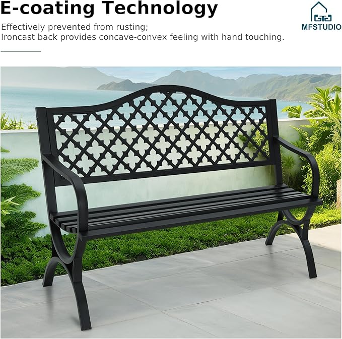 MFSTUDIO Outdoor Metal Bench Set of 2, 50" Black Outdoor Metal Garden Bench with Arch Legs, Cast Iron Frame Patio Furniture with E-Coating, Perfect for Porch and Yard