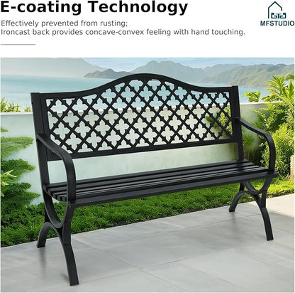 MFSTUDIO Outdoor Metal Bench Set of 2, 50" Black Outdoor Metal Garden Bench with Arch Legs, Cast Iron Frame Patio Furniture with E-Coating, Perfect for Porch and Yard