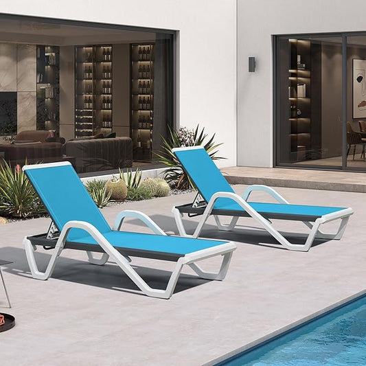 PURPLE LEAF Patio Chaise Lounge Set of 2 Plastic Pool Outdoor Lounge Chair with Armrest Stackable Poolside Tanning Chairs for Beach Deck Yard Sunbathing, Blue