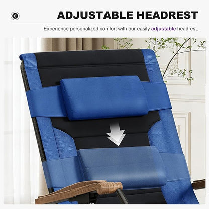 PURPLE LEAF Extra Wide Outdoor Reclining Chair Patio Zero Gravity Chaise Lounge Folding Chair with Quilted Cushion Adjustable Headrest for Lawn Camping Beach Pool Navy Blue and Black