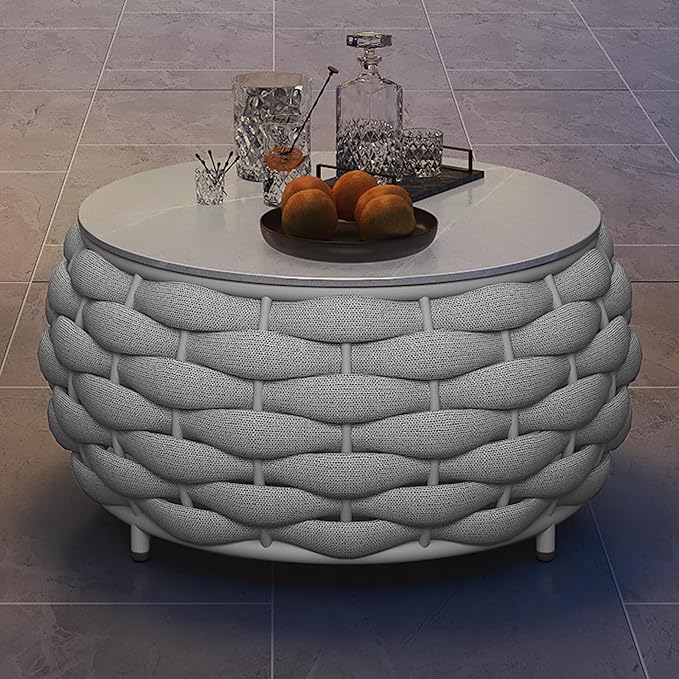 TWT Outdoor Coffee Table for Patio Table Rope Patio Coffee Table Lawn Garden Small Coffee Table with Rock Slab Top All-Weather, 25.6in(Textilene Rope, Light Grey)
