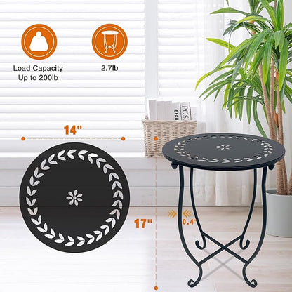 Round Side Table, 1 Pack 14 Inch Bedside Table for Living Room, Bedroom, Weather Resistant Black Metal Outdoor Side Table for Patio Balcony Yard Porch Garden, Plant Stand for Indoor Outdoor Use