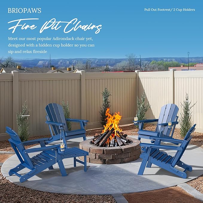 BRIOPAWS Adirondack-Chairs-with-Pull-Out-Footrest | Set of 4 | Folding | HDPE Plastic | Fire Pit Chair | All Weather | Cup Holders | Curved Back | Retractable Ottoman | for Poolside Deck | Blue