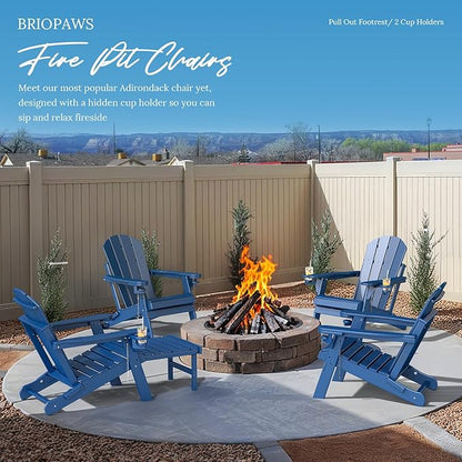 BRIOPAWS Adirondack-Chairs-with-Pull-Out-Footrest | Set of 4 | Folding | HDPE Plastic | Fire Pit Chair | All Weather | Cup Holders | Curved Back | Retractable Ottoman | for Poolside Deck | Blue