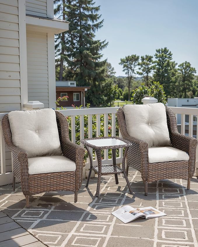 3 Piece Patio Brown Wicker Chairs with Side Table - Outdoor High Back Heavy Duty All-Weather Lawn Dining Rattan Chair - Photo 2
