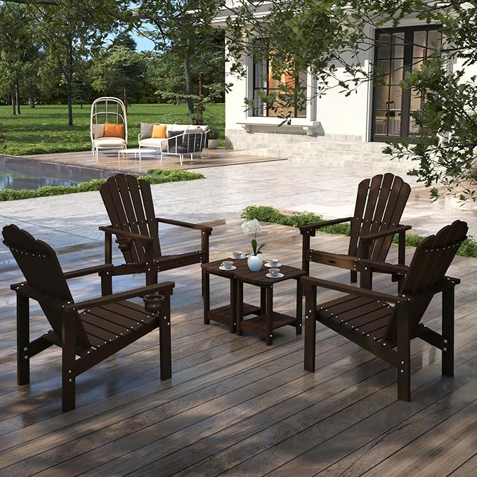Stackable Adirondack Chair Set of 4, HDPE All-Weather Adirondack Chairs - Durable and Space Saving, Plastic Outdoor Fire Pit Chairs with Cup Holder,Brown