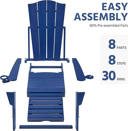 Yaheetech Adirondack Chair with Retractable Ottoman, All Weather Patio Folding Fire Pit Chair with Cup Holder and Phone Holder for Outdoor Poolside, Navy Blue