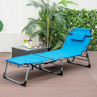 GYMAX Tanning Chair, 330LBS Beach Lounge Chair with Face Arm Hole & Hand Shoulder Strap, Folding Layout Sunbathing Chair, Face Down Outdoor Chaise Lounger for Patio, Poolside, Lawn, Backyard (1, Blue)