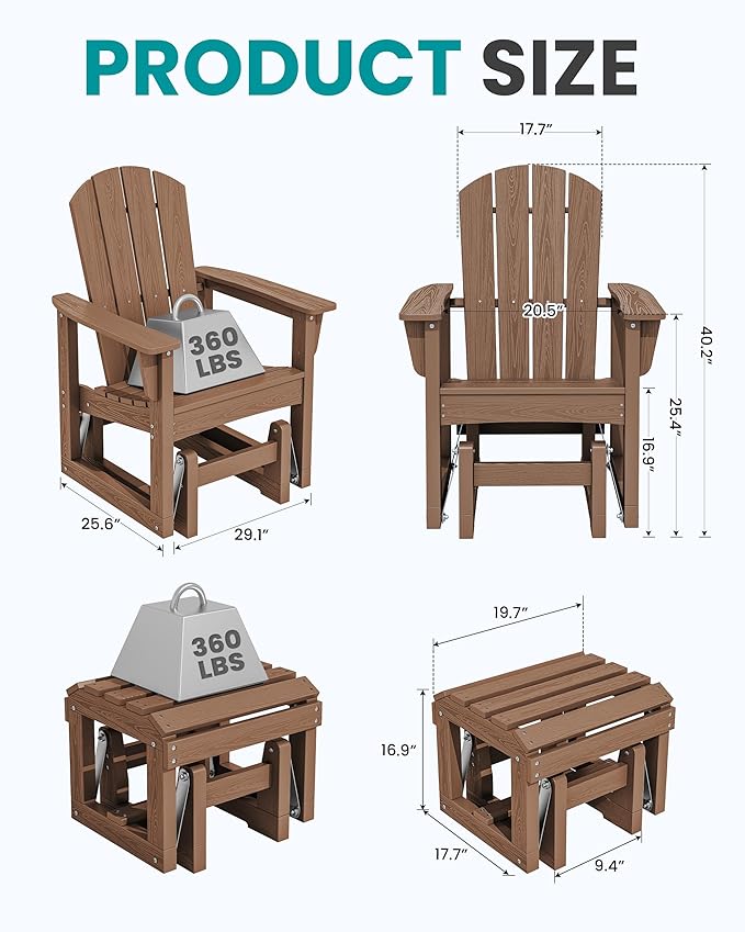 SERWALL Outdoor Glider Chair with Ottoman, HDPE Wood-Like Patio Glider Set All-Weather Porch Glider for Outside, Brown - Photo 2