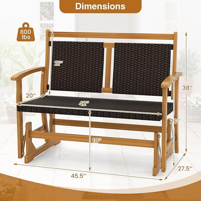 HAPPYGRILL Outdoor Glider Bench Acacia Wood Porch Glider with Rattan Seat and Backrest, Curved Armrests, 2-Person Swing Rocking Chair for Patio, Backyard, Garden, Balcony