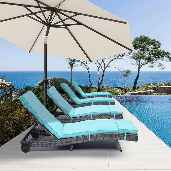 YITAHOME Rattan Lounge Chair Set of 2, Wicker Outdoor Chaise Lounge w/Wheels, Removable Cushion, 5-Position Backrest, Easy to Assemble Sun Lounger for Poolside Beach Balcony (Blue)