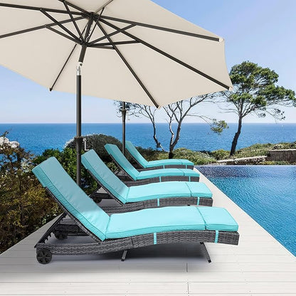 YITAHOME Rattan Lounge Chair Set of 2, Wicker Outdoor Chaise Lounge w/Wheels, Removable Cushion, 5-Position Backrest, Easy to Assemble Sun Lounger for Poolside Beach Balcony (Blue)