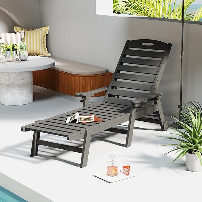 Domi Outdoor Chaise Lounge Chair, HDPE All-Weather Pool Lounger with 5-Position Adjustable Reclining Backrest & Rolling Wheels for Poolside Sunbathing Tanning, Grey