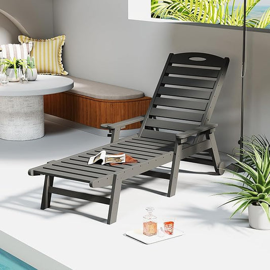 Domi Outdoor Chaise Lounge Chair, HDPE All-Weather Pool Lounger with 5-Position Adjustable Reclining Backrest & Rolling Wheels for Poolside Sunbathing Tanning, Grey