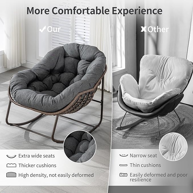 HOMEFUN Outdoor Patio Rocking Chairs, Oversized Papasan Rock Chair Indoor with Padded Cushion - Rocker Egg for Front Porch, Garden, Backyard Gray