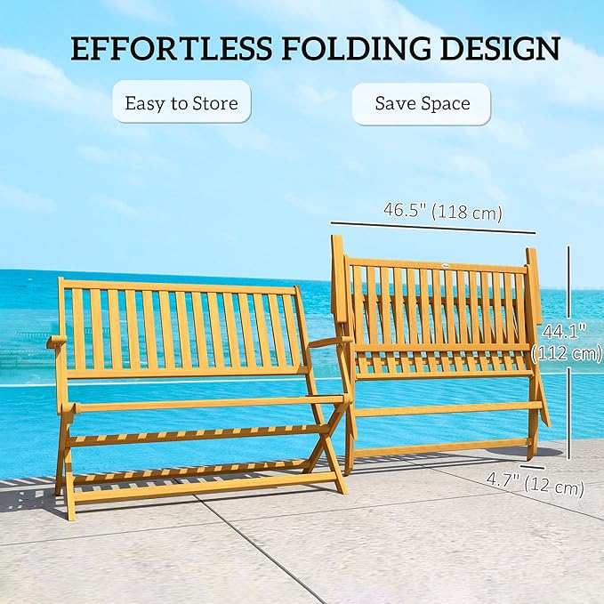 Outsunny Wood Outdoor Bench, 2-Person Foldable Patio Acacia Wood Garden Bench with Backrest and Armrests for Garden, Porch, Park, Balcony, Teak