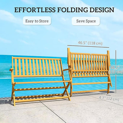 Outsunny Wood Outdoor Bench, 2-Person Foldable Patio Acacia Wood Garden Bench with Backrest and Armrests for Garden, Porch, Park, Balcony, Teak