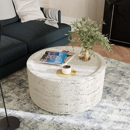 UPHA 28" Round Outdoor Coffee Table, Modern Hollow Concrete Patio Table, Small Minimalist Low Accent Table for Living Room, Balcony, Deck, Backyard, Off-White