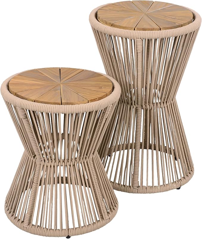 Merax Bohemian Round Outdoor Side Table Set of 2, 2 Pieces Patio Side Tables with Acacia Wood Top and Beige Handwoven Rope Base, for Garden, Pool, Balcony, Yard, Elegant Hourglass Design, No Assembly