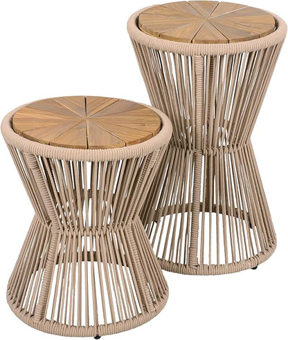 Merax Bohemian Round Outdoor Side Table Set of 2, 2 Pieces Patio Side Tables with Acacia Wood Top and Beige Handwoven Rope Base, for Garden, Pool, Balcony, Yard, Elegant Hourglass Design, No Assembly