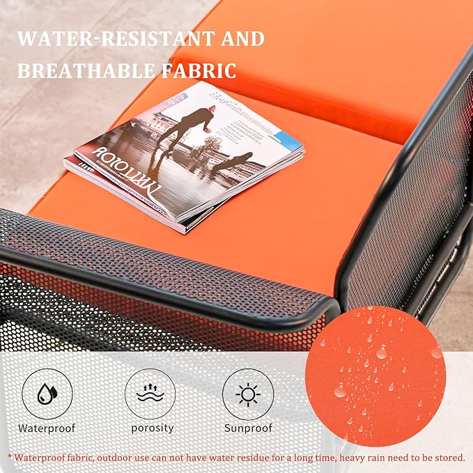 LOKKHAN Modern Outdoor Loveseat Mesh Bench Black Metal Frame with Orange Water-Resistant Cushion, 27.6H x 24.6W x 23.9D Inches, Contemporary Minimalist Patio Lounge Chair, Single Seat