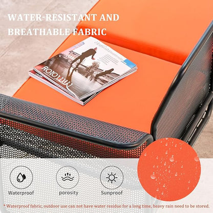LOKKHAN Modern Outdoor Loveseat Mesh Bench Black Metal Frame with Orange Water-Resistant Cushion, 27.6H x 24.6W x 23.9D Inches, Contemporary Minimalist Patio Lounge Chair, Single Seat