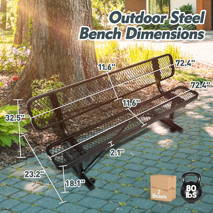 6FT Heavy-Duty Park Bench for Outside - Black Coated Outdoor Furniture Steel Bench, Commercial-Grade Outdoor Benches Weatherproof for Park, Patio, Porch (Portable with Back) (Black, 6FT)