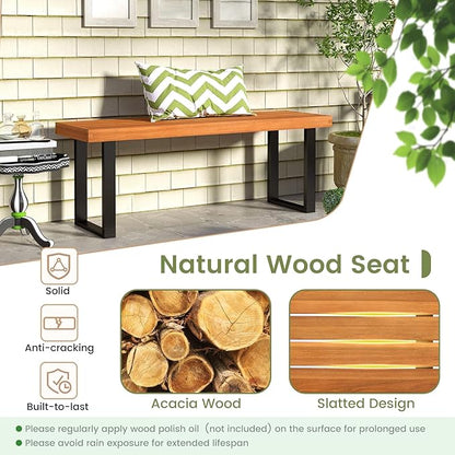 RELAX4LIFE Outdoor Bench Acacia Wood - 48’’ Garden Patio Dining Bench w/Slatted Seat, Metal Legs, 2-Person Backless Picnic Loveseat, Farmhouse Indoor Outdoor Furniture for Entryway Deck Park Porch (2)